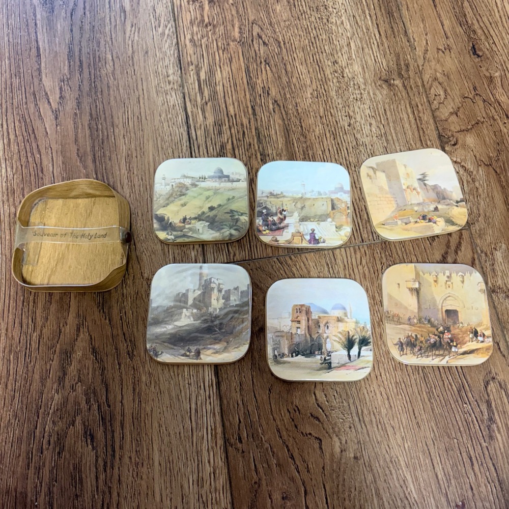 Vintage Souvenir of The Holy Land 6pc  Coasters Set Jerusalem Art Palphot Israel